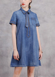 Cute Blue Peter Pan Collar Necktie Embroideried Cotton Denim Dresses Short Sleeve