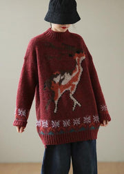 Cute Burgundy Deer Design Knit Top Silhouette High Neck Casual Knitwear - SooLinen