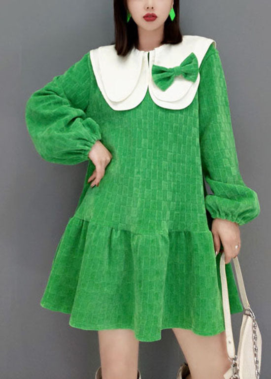 Cute Green Peter Pan Collar Bow Plaid Velour Dresses Spring