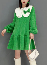 Cute Green Peter Pan Collar Bow Plaid Velour Dresses Spring