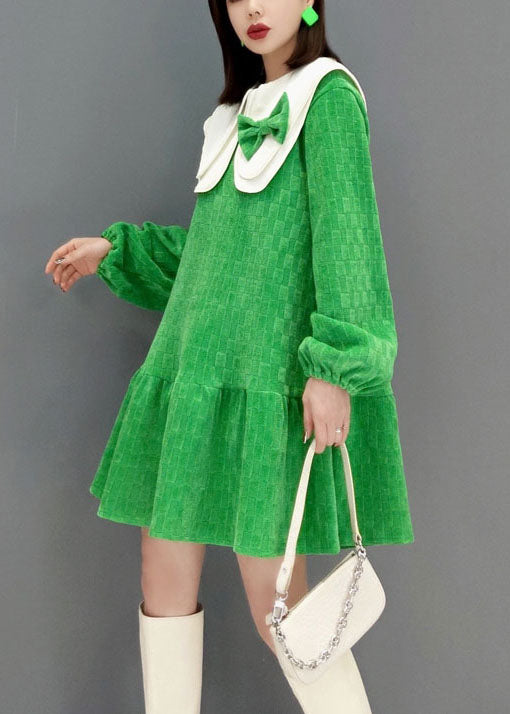 Cute Green Peter Pan Collar Bow Plaid Velour Dresses Spring