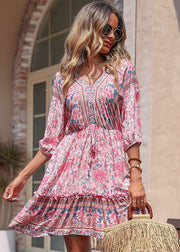 Cute Pink V Neck Ruffled Patchwork Print Cotton Cinch Mid Dresses Half Sleeve