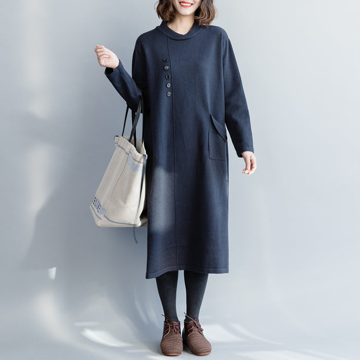 Cute Sweater knit dress pattern plus size O neck pockets navy DIY knitwear