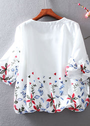 Cute White O-Neck Embroideried Chiffon tops lantern sleeve