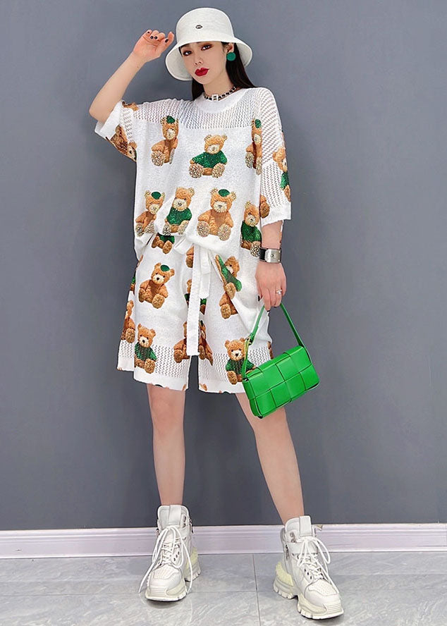 Cute White Teddy Bear Print Cotton Tanks And Shorts Two Pieces Set Short Sleeve