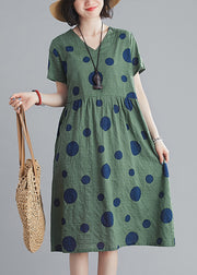 Cute Yellow Wrinkled V Neck Pockets Dot Print Cotton Dresses Short Sleeve