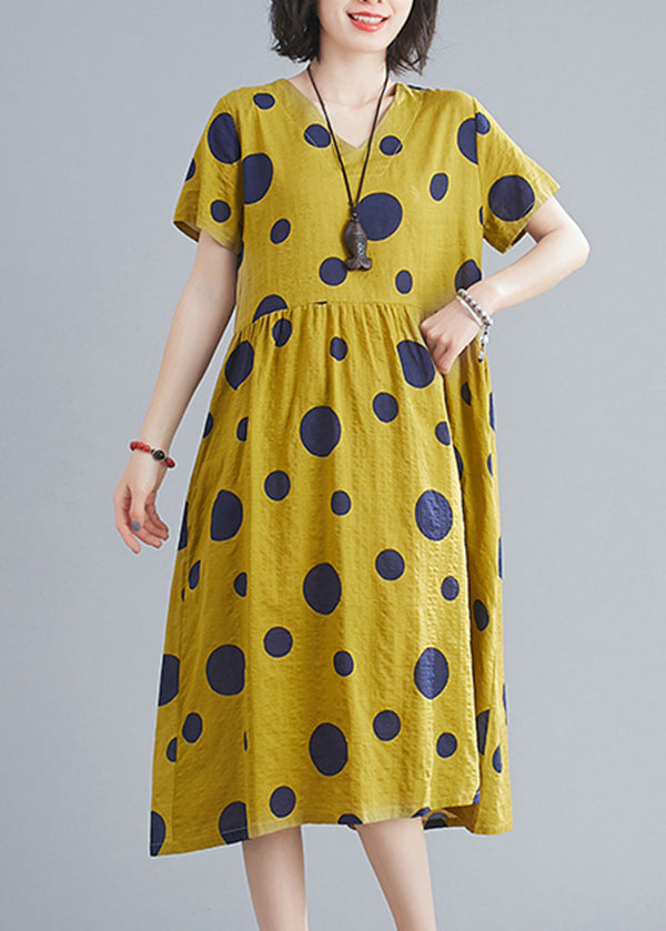 Cute Yellow Wrinkled V Neck Pockets Dot Print Cotton Dresses Short Sleeve