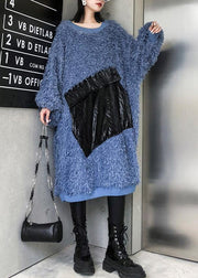 Cute blue Sweater weather plus size o neck tassel Big sweater dresses - SooLinen