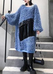 Cute blue Sweater weather plus size o neck tassel Big sweater dresses - SooLinen