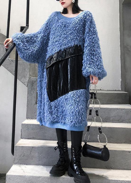 Cute blue Sweater weather plus size o neck tassel Big sweater dresses - SooLinen