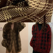 Cute brown plaid knit cardigans Loose fitting winter knit outwear v neck - SooLinen