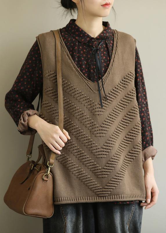 Cute fall knit outwear fashion brown v neck sleeveless knitted cardigans - SooLinen