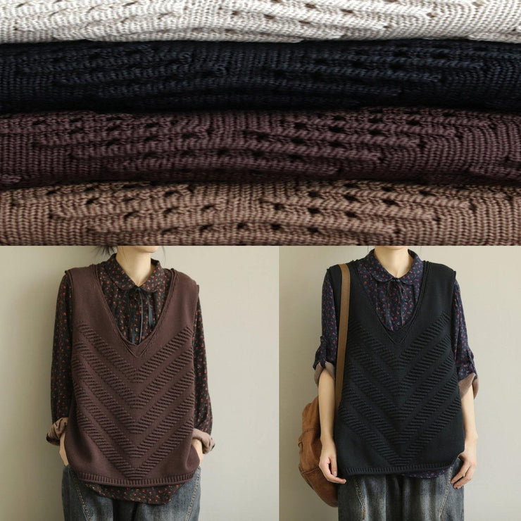 Cute fall knit outwear fashion brown v neck sleeveless knitted cardigans - SooLinen