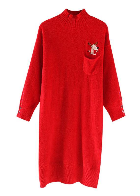 Cute half high neck Sweater spring weather plus size red Mujer knit dress - SooLinen