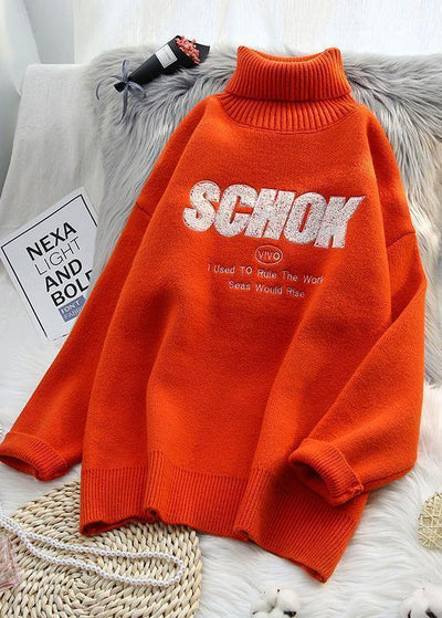 Cute orange knitted clothes alphabet oversize high neck knit sweat tops - SooLinen