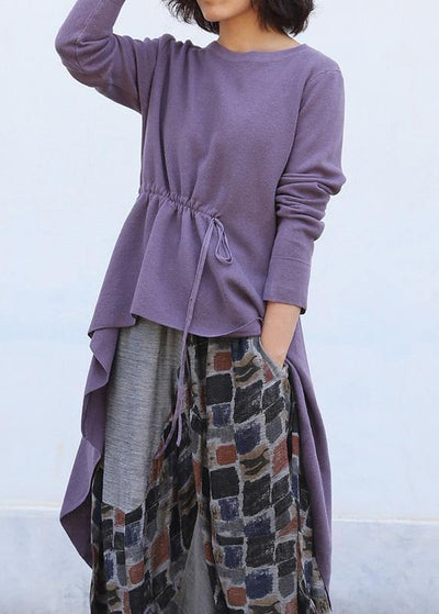 Cute purple clothes trendy plus size o neck knitted blouse drawstring asymmetric - SooLinen