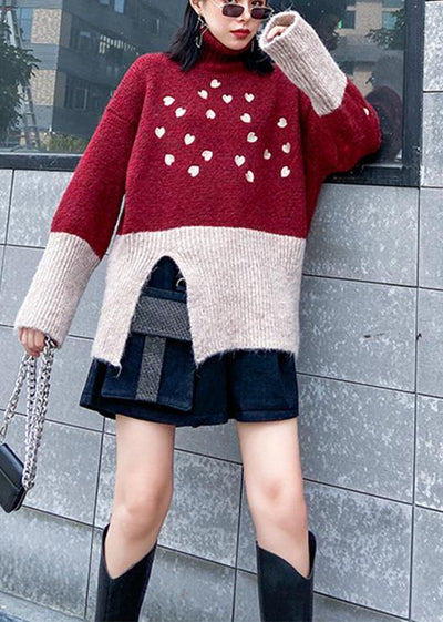 Cute red clothes For Women side open fall fashion patchwork knit sweat tops - SooLinen