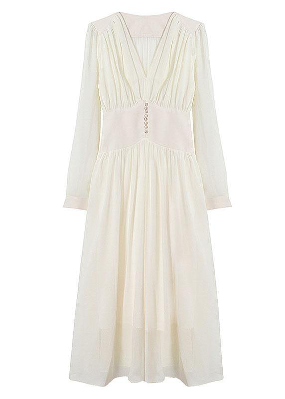 DIY Beige V Neck Chiffon Tunic Button Summer Mid Dress - SooLinen