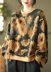 DIY Black O-Neck wrinkled drawstring Floral Print Pullover Sweatshirt Spring