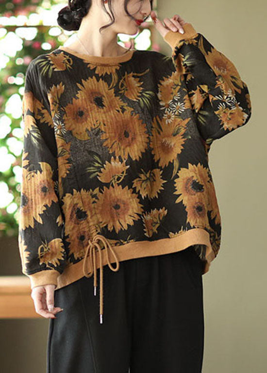 DIY Black O-Neck wrinkled drawstring Floral Print Pullover Sweatshirt Spring