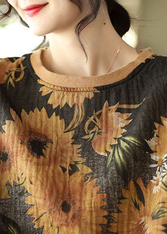 DIY Black O-Neck wrinkled drawstring Floral Print Pullover Sweatshirt Spring