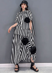 DIY Black White Striped Asymmetrical Floral Cotton Two Pieces Set Summer