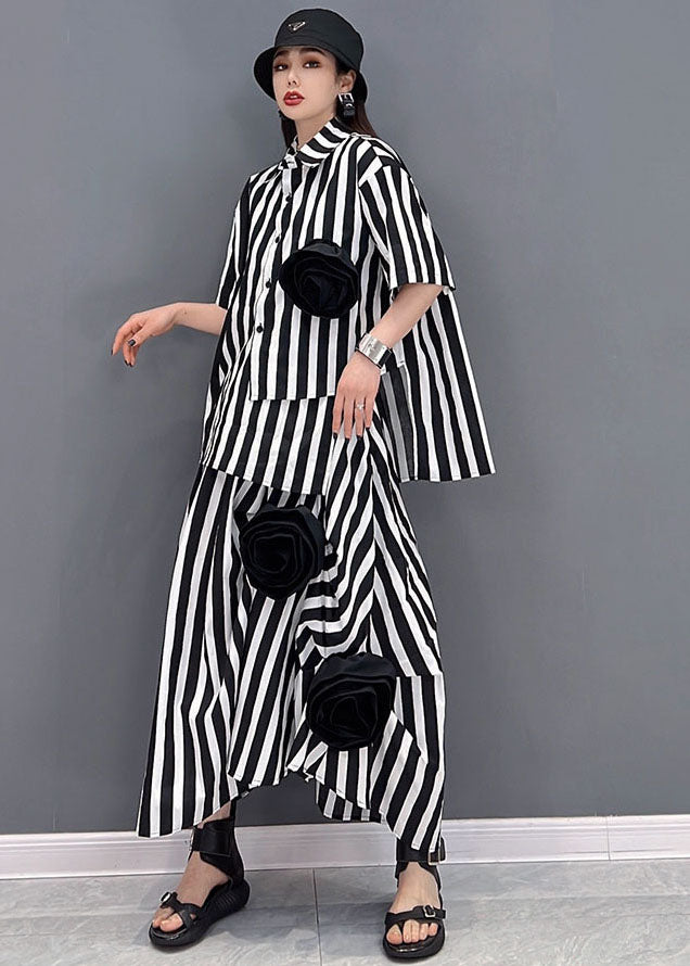 DIY Black White Striped Asymmetrical Floral Cotton Two Pieces Set Summer