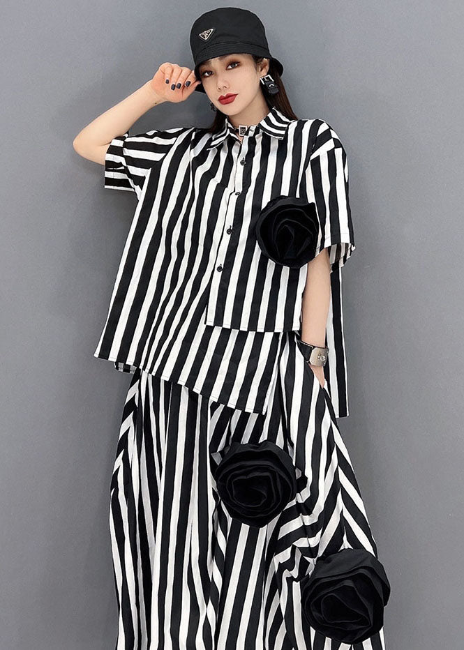 DIY Black White Striped Asymmetrical Floral Cotton Two Pieces Set Summer