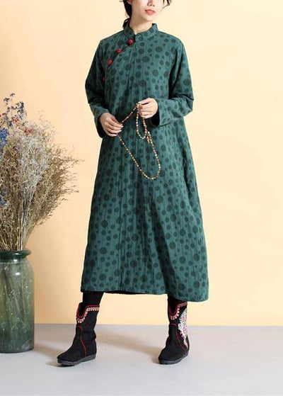 DIY Blackish Green Dotted Tunic Stand Collar Traveling Spring Dress - SooLinen