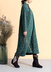 DIY Blackish Green Dotted Tunic Stand Collar Traveling Spring Dress - SooLinen