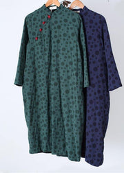 DIY Blackish Green Dotted Tunic Stand Collar Traveling Spring Dress - SooLinen