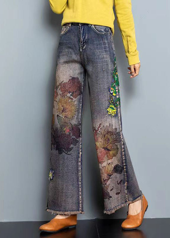 DIY Blue High Waist Bestickte Taschen Print Cotton Denim Straight Pants Herbst