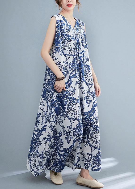 DIY Blue Loose Print V Neck Summer Vacation Dress Sleeveless - SooLinen