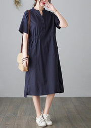 DIY Blue low high design Cotton side open Summer Ankle Dress - SooLinen