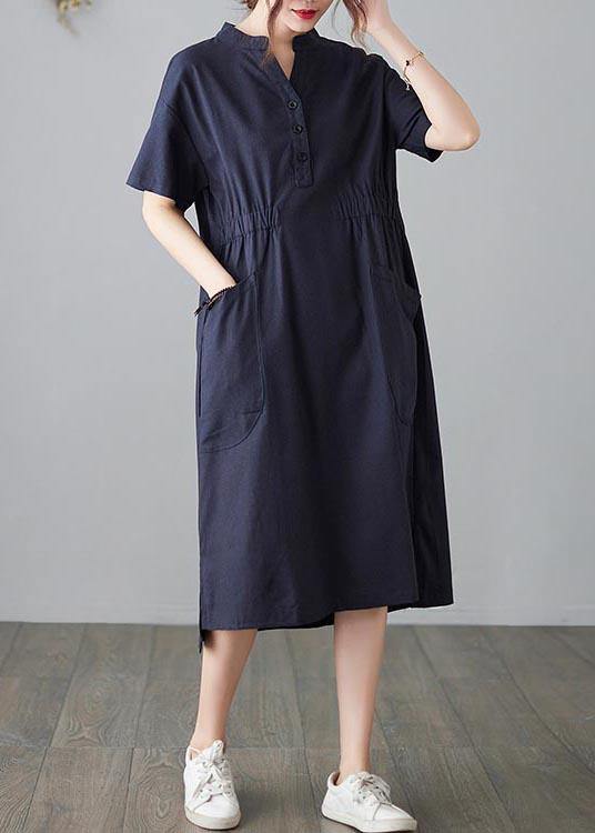 DIY Blue low high design Cotton side open Summer Ankle Dress - SooLinen