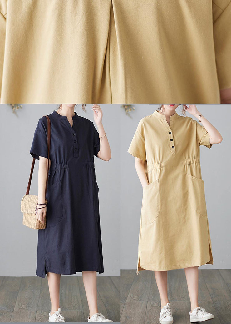 DIY Blue low high design Cotton side open Summer Ankle Dress - SooLinen