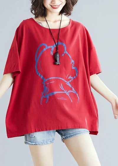 DIY Cartoon print cotton linen tops women Outfits red o neck blouses summer - SooLinen