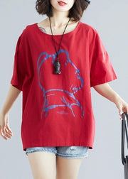 DIY Cartoon print cotton linen tops women Outfits red o neck blouses summer - SooLinen