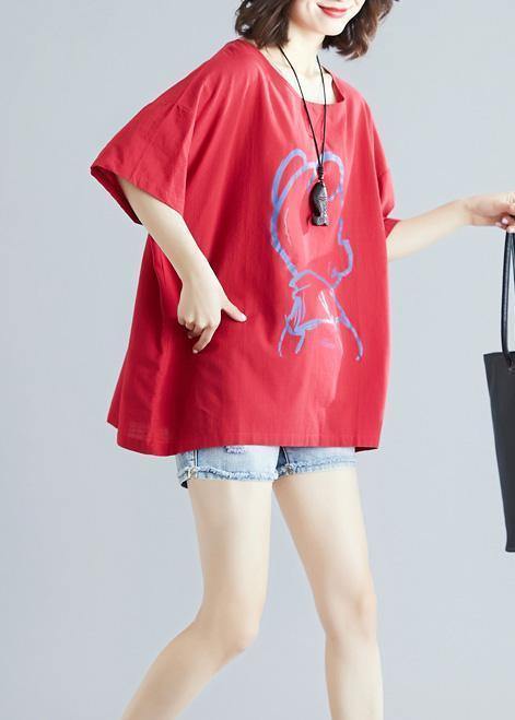 DIY Cartoon print cotton linen tops women Outfits red o neck blouses summer - SooLinen