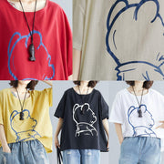 DIY Cartoon print cotton linen tops women Outfits red o neck blouses summer - SooLinen