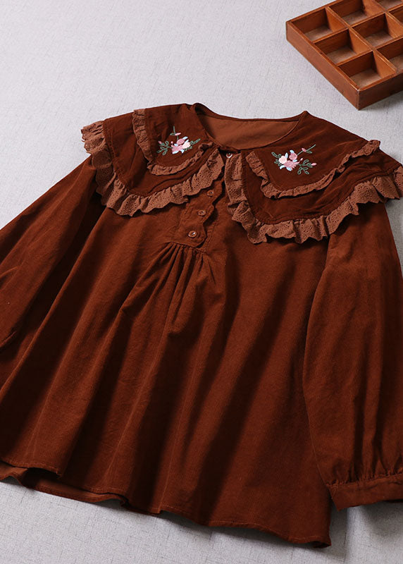 DIY Chocolate Embroideried Button Corduroy Blouses Spring