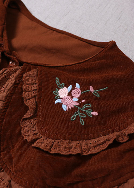 DIY Chocolate Embroideried Button Corduroy Blouses Spring