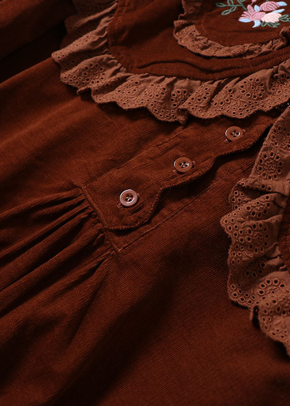 DIY Chocolate Embroideried Button Corduroy Blouses Spring