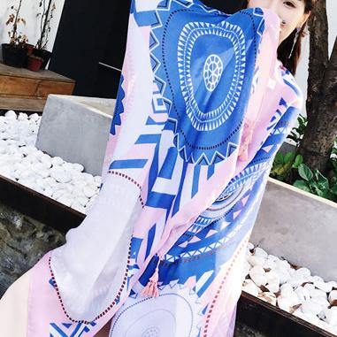 DIY For Women top pink print quality Soolinen Seaside Vacation Printed Tassel Sunscreen Scarf - SooLinen