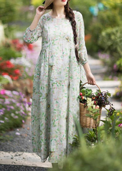 DIY Green Leaves Quilting Dresses O Neck Lantern Sleeve Robes Summer Dresses - SooLinen