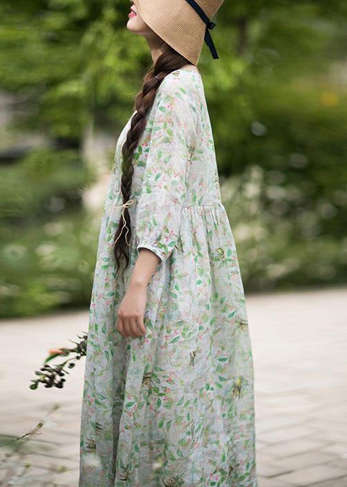 DIY Green Leaves Quilting Dresses O Neck Lantern Sleeve Robes Summer Dresses - SooLinen