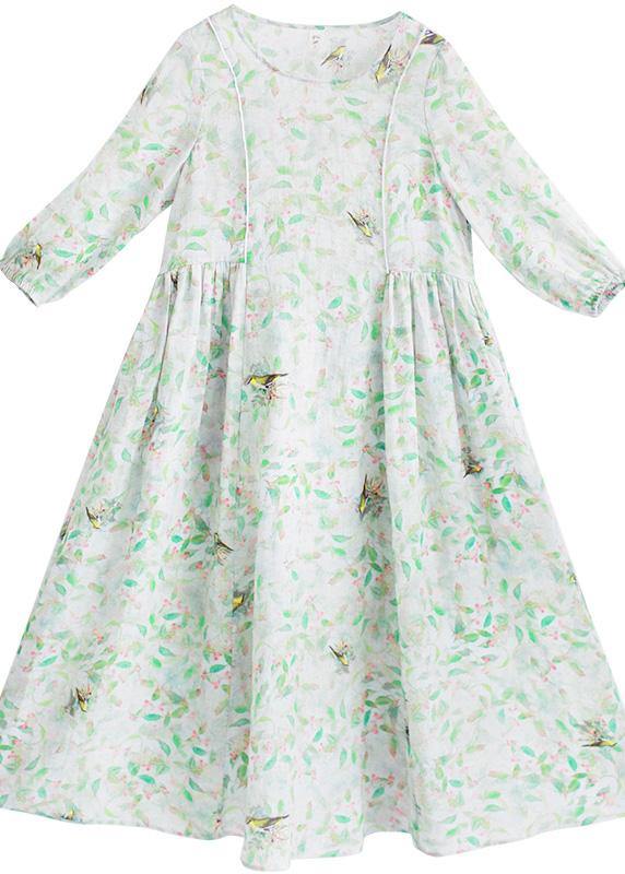 DIY Green Leaves Quilting Dresses O Neck Lantern Sleeve Robes Summer Dresses - SooLinen