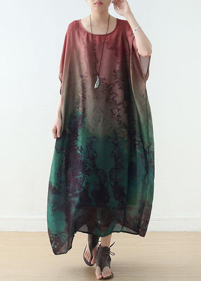 DIY Green Print Chiffon Batwing Sleeve Summer Long Dresses - SooLinen