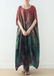 DIY Green Print Chiffon Batwing Sleeve Summer Long Dresses - SooLinen