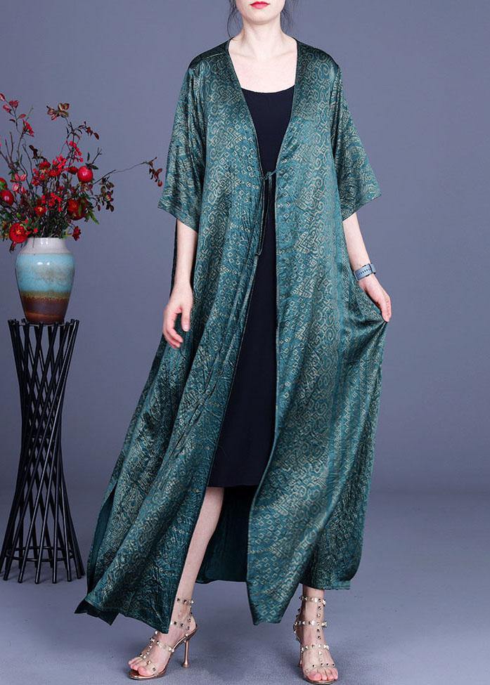 DIY Green Print side open silk Loose Long Cardigans - SooLinen